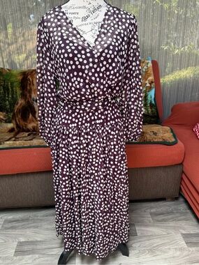 NWOT Calvin Klein Plum and White Polka Dot Long-Sleeve Midi Dress